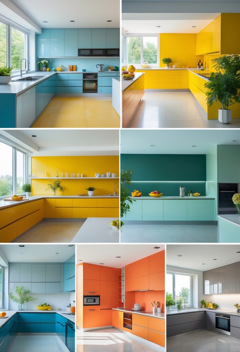 18 Stylish Kitchen Hues To Elevate Your Cooking Space 21 A modern kitchen interior with multiple areas featuring different wall colors and kitchen designs, including cabinetry, countertops, and appliances.