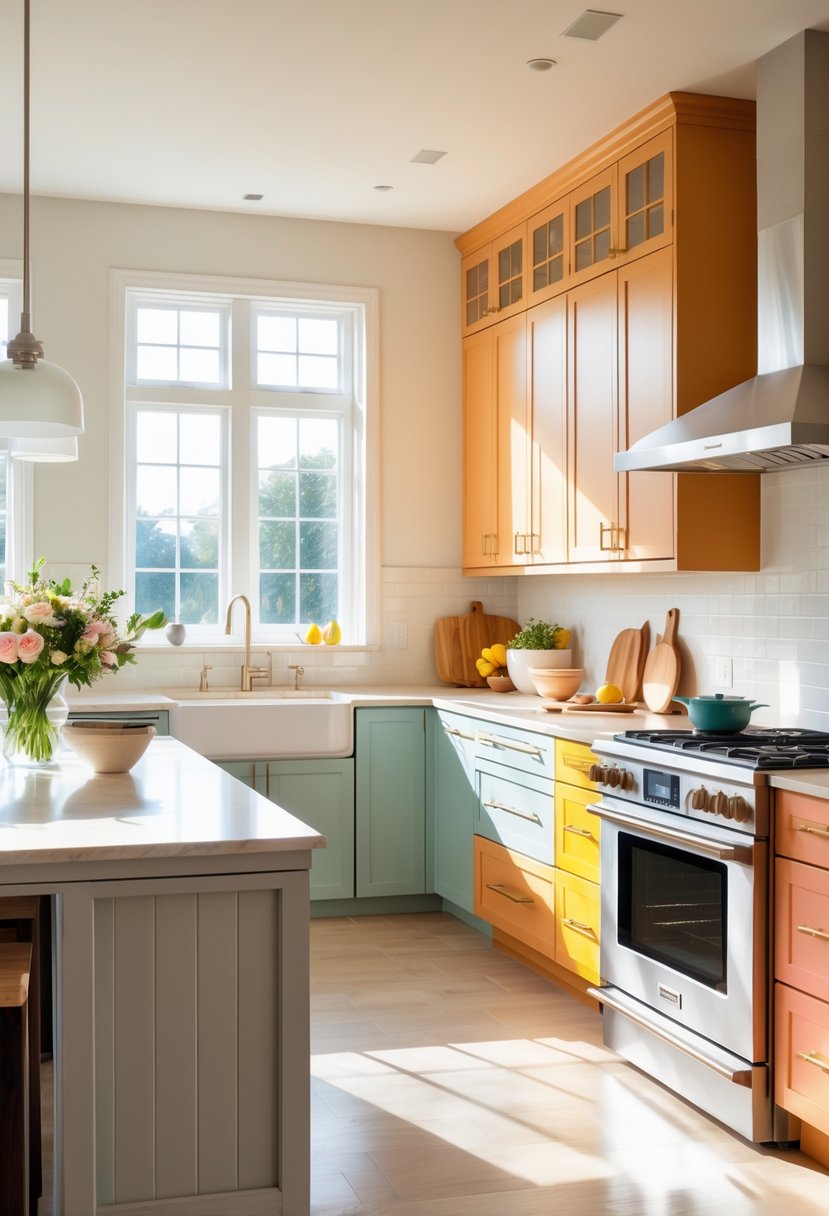 18 Stylish Kitchen Hues To Elevate Your Cooking Space 22 A spacious kitchen with cabinets, countertops, and accessories in a variety of coordinated colors, featuring natural light and modern appliances.