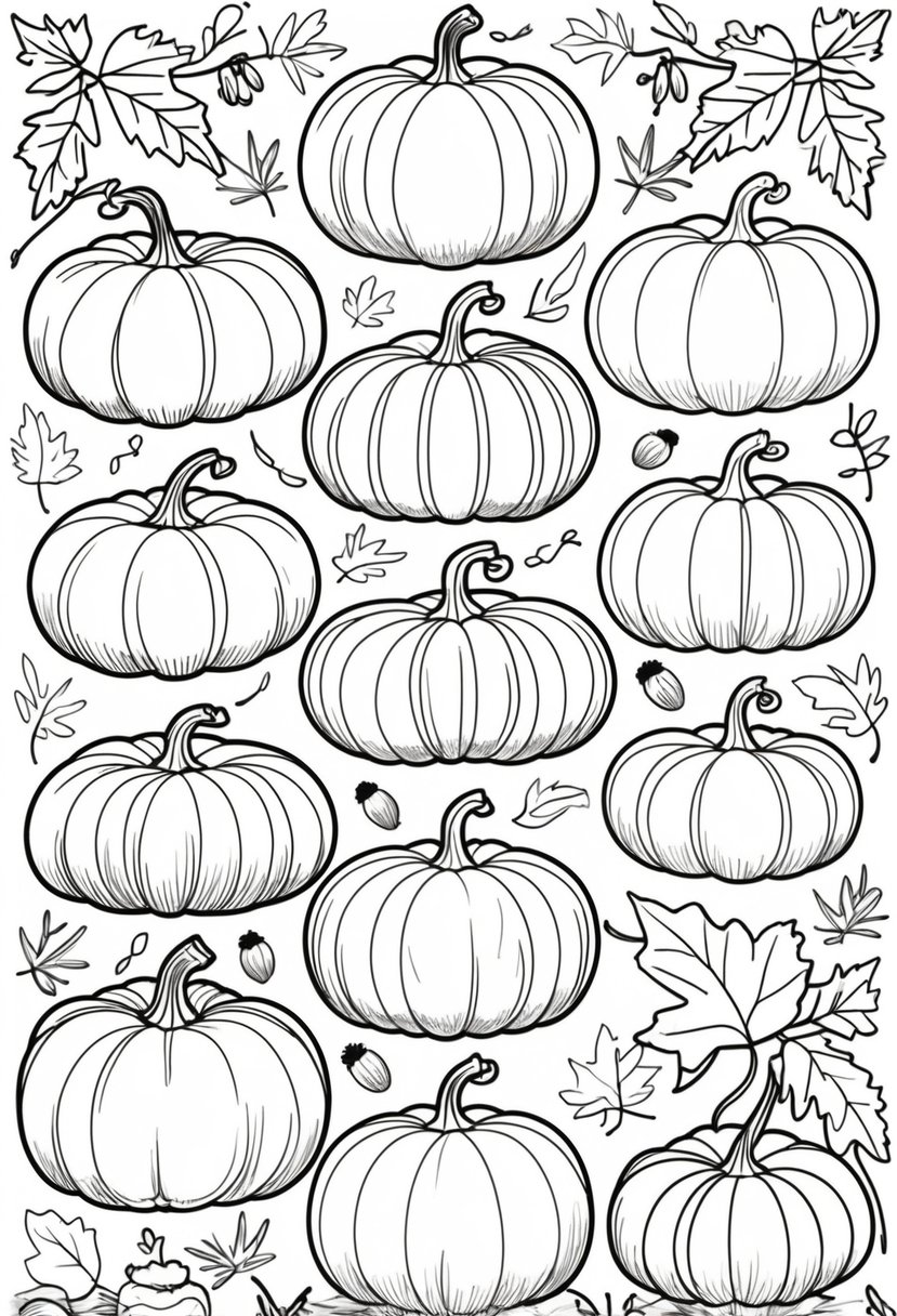 Fall Coloring Pages Free Printables: 20 Best Designs for All Ages 3 A collection of pumpkins and gourds surrounded by autumn leaves and vines.