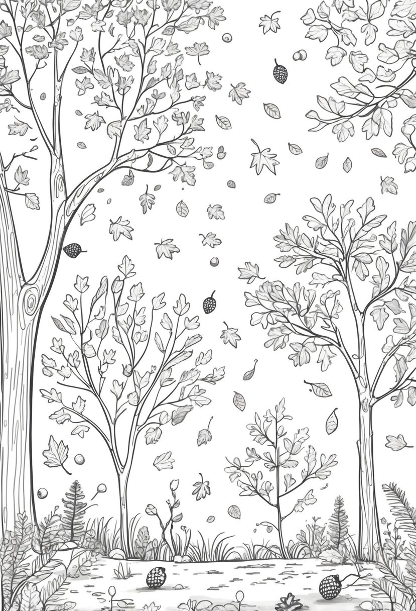 Fall Coloring Pages Free Printables: 20 Best Designs for All Ages 4 A scene with trees and various autumn leaves falling and scattered on the ground.