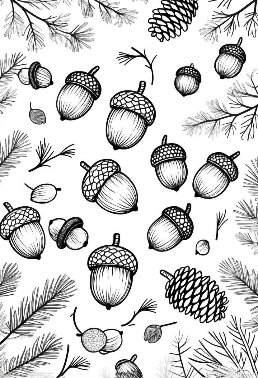 Fall Coloring Pages Free Printables: 20 Best Designs for All Ages 6 An arrangement of acorns, pinecones, oak leaves, pine needles, and twigs scattered naturally.