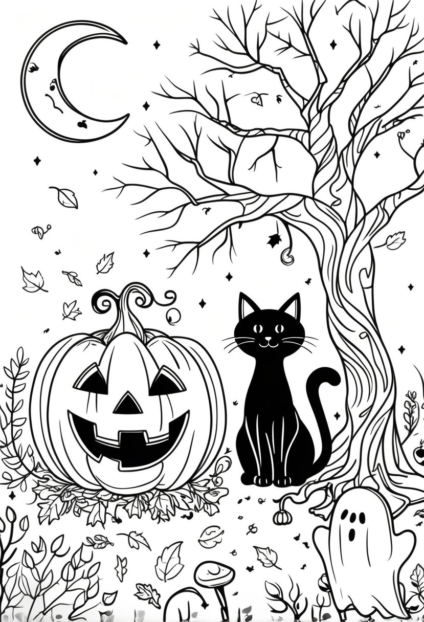 Fall Coloring Pages Free Printables: 20 Best Designs for All Ages 7 A Halloween scene with a jack-o'-lantern, a black cat, a ghost, a bare tree, autumn leaves, a crescent moon, and mushrooms.