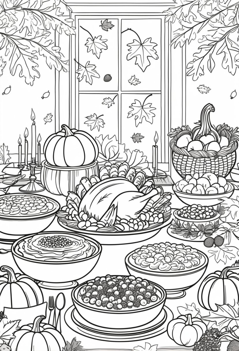 Fall Coloring Pages Free Printables: 20 Best Designs for All Ages 8 A Thanksgiving feast scene with a table full of traditional dishes like turkey, pies, and vegetables, surrounded by pumpkins, fall leaves, and harvest decorations.