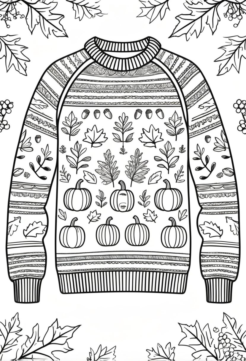 Fall Coloring Pages Free Printables: 20 Best Designs for All Ages 9 A detailed outline of a cozy fall sweater decorated with autumn motifs like leaves, acorns, pumpkins, and pinecones, surrounded by scattered fall elements.