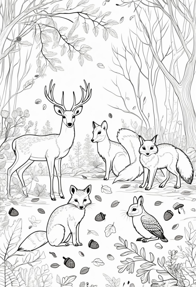Fall Coloring Pages Free Printables: 20 Best Designs for All Ages 10 A peaceful forest scene with a deer, fox, squirrel, owl, and rabbit among fallen leaves, acorns, mushrooms, and trees in autumn.