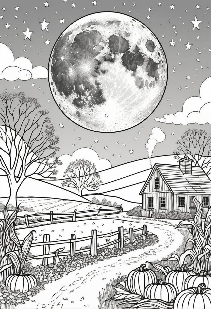 Fall Coloring Pages Free Printables: 20 Best Designs for All Ages 11 A night scene with a large full moon over rolling hills, bare trees with falling leaves, pumpkins, cornstalks, a wooden fence, and a farmhouse with smoke rising from the chimney.