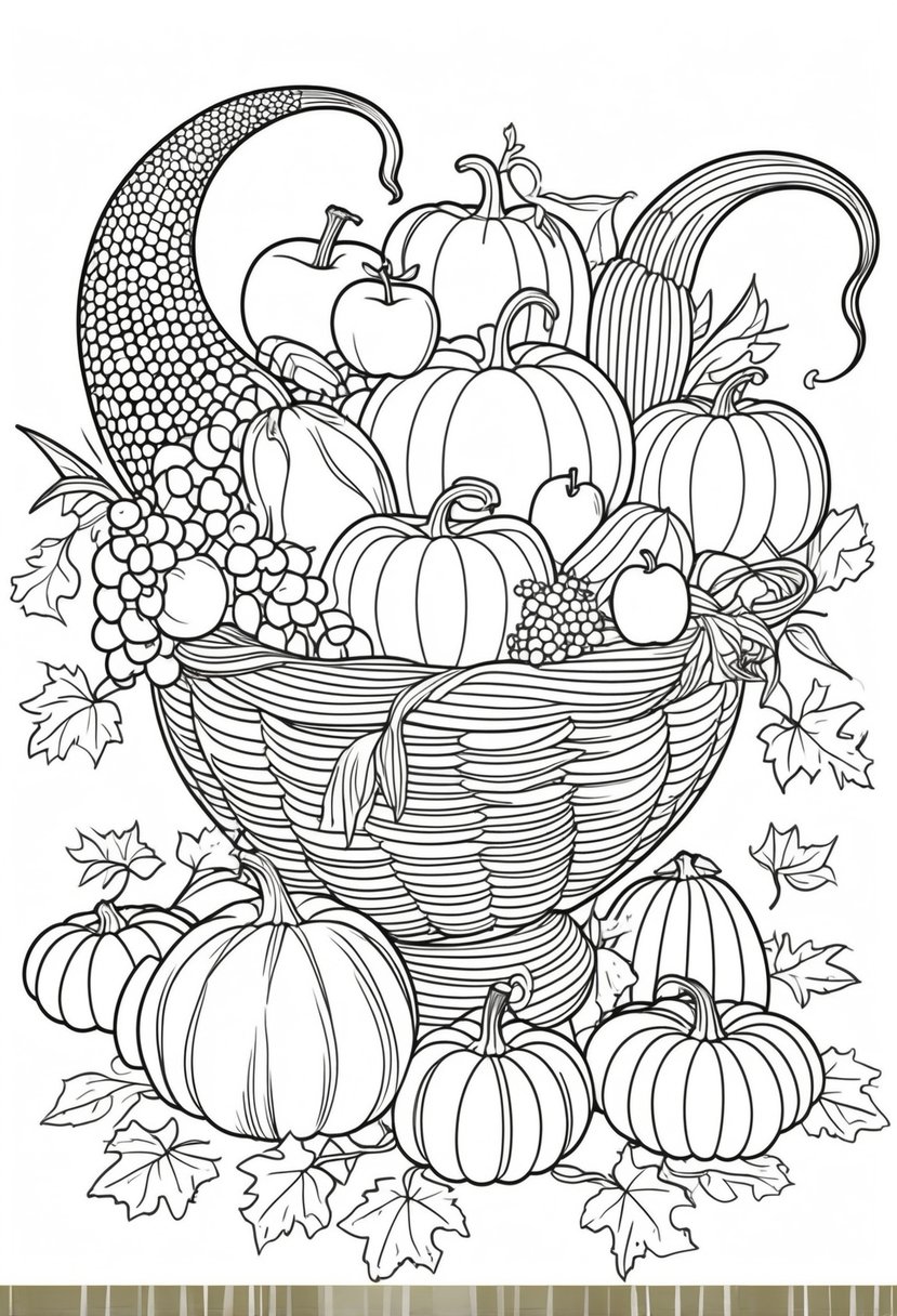 Fall Coloring Pages Free Printables: 20 Best Designs for All Ages 12 A cornucopia basket filled with various fall fruits and vegetables including pumpkins, apples, grapes, corn, and autumn leaves.