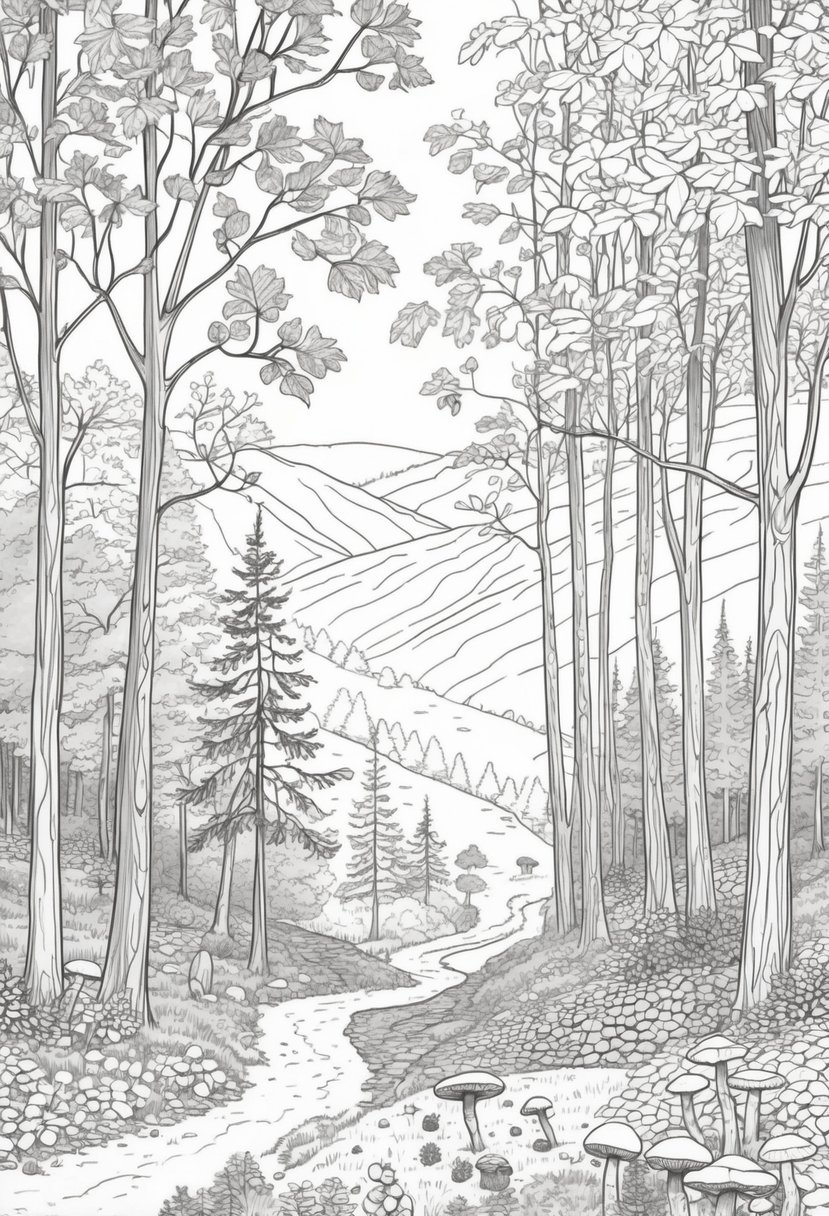 Fall Coloring Pages Free Printables: 20 Best Designs for All Ages 13 A forest landscape in autumn with tall trees, falling leaves, a winding path, and scattered acorns and mushrooms on the ground.