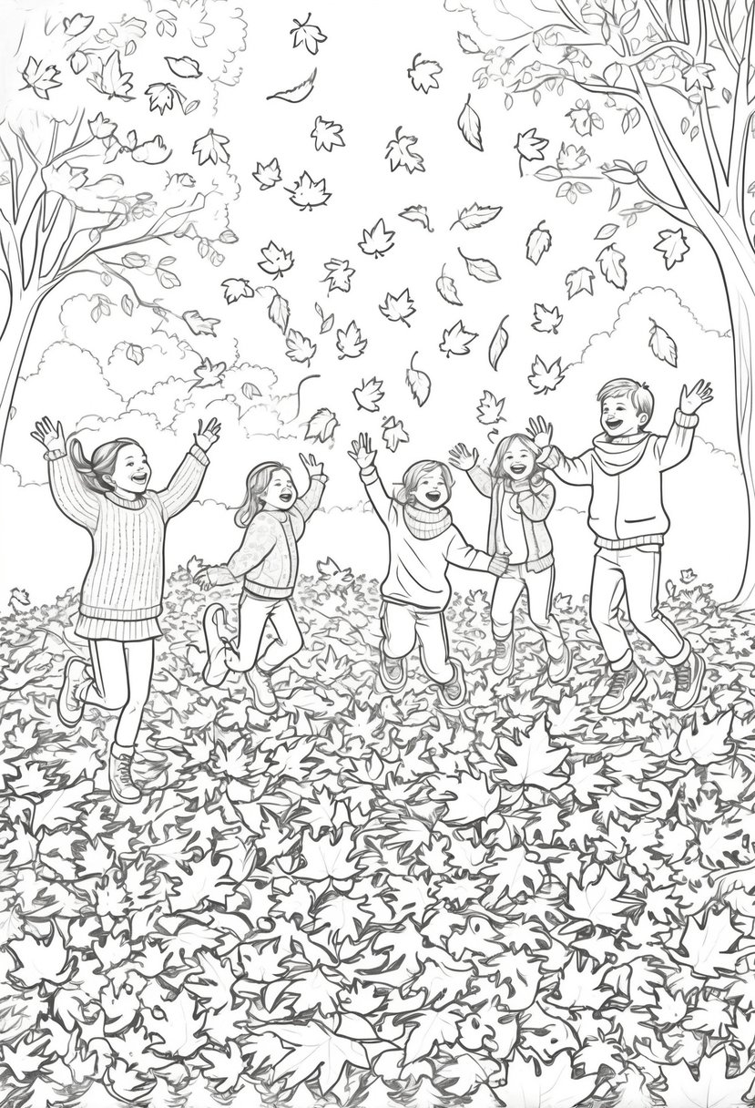Fall Coloring Pages Free Printables: 20 Best Designs for All Ages 14 Children playing and jumping in piles of autumn leaves outdoors on a fall day.