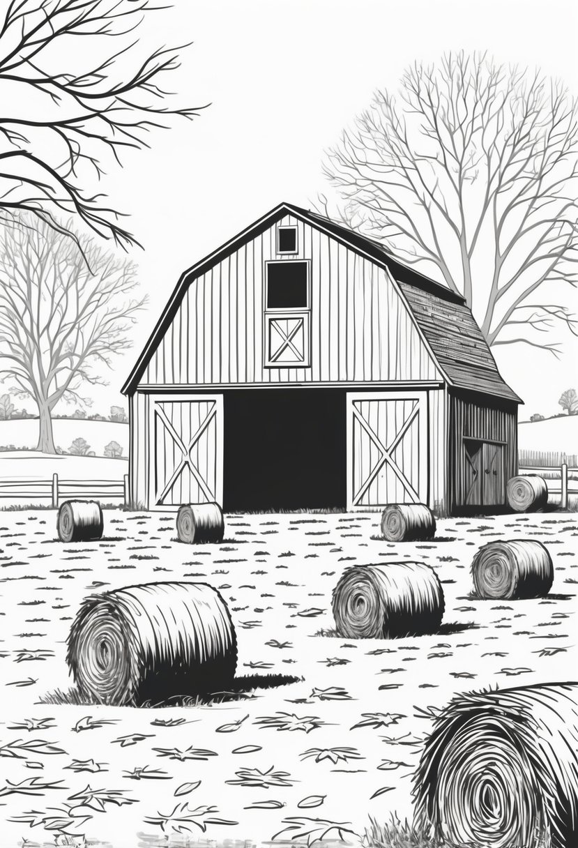 Fall Coloring Pages Free Printables: 20 Best Designs for All Ages 15 A farm barn with hay bales scattered around and trees in the background.