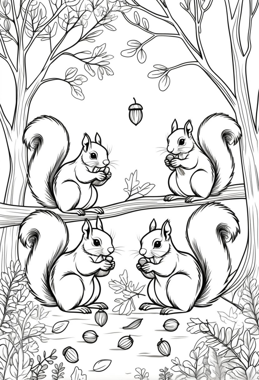 Fall Coloring Pages Free Printables: 20 Best Designs for All Ages 16 Several squirrels gathering nuts among trees and fallen leaves in a forest during autumn.