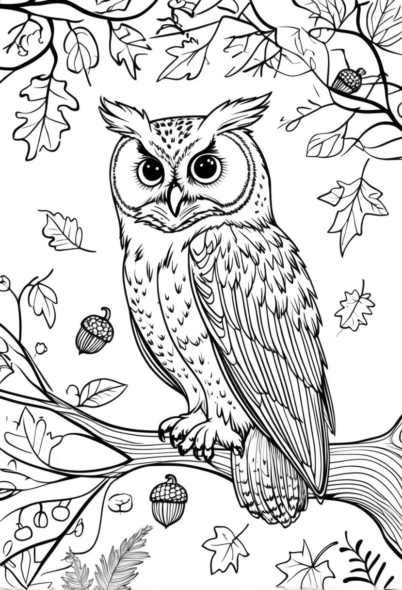 Fall Coloring Pages Free Printables: 20 Best Designs for All Ages 17 An owl sitting on a tree branch surrounded by autumn leaves and acorns.
