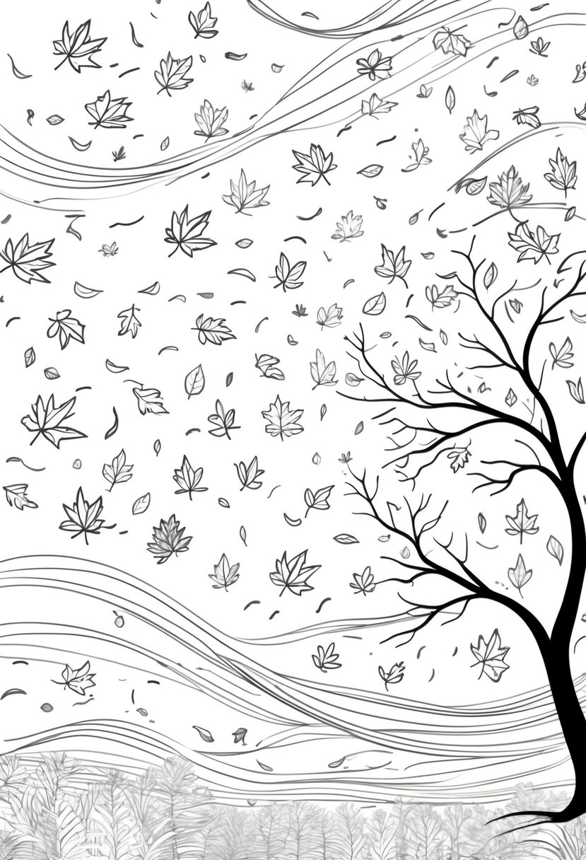 Fall Coloring Pages Free Printables: 20 Best Designs for All Ages 19 A scene showing swirling wind currents with many leaves falling from a bare tree branch.