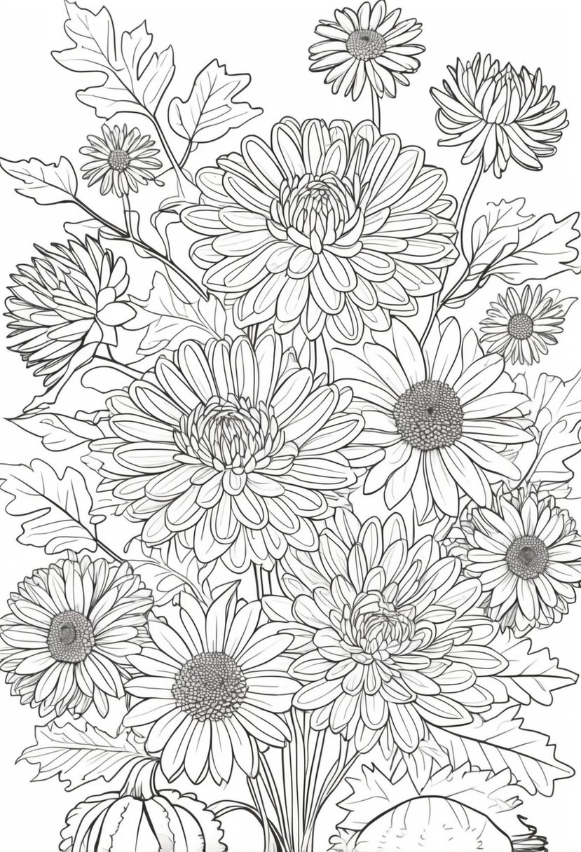 Fall Coloring Pages Free Printables: 20 Best Designs for All Ages 22 An arrangement of fall flowers including chrysanthemums and autumn leaves.