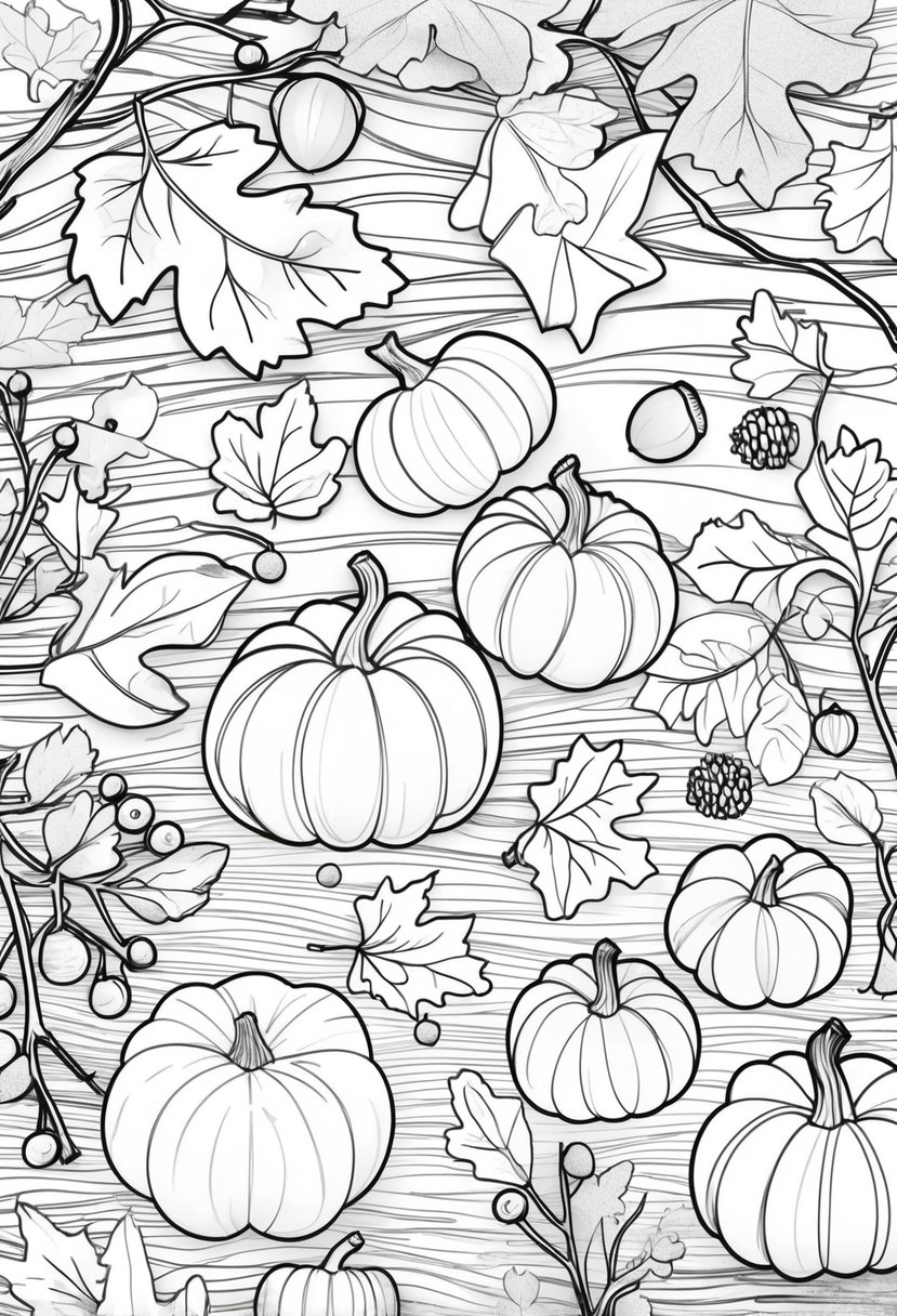 Fall Coloring Pages Free Printables: 20 Best Designs for All Ages 23 A collection of autumn leaves, acorns, pine cones, pumpkins, and branches arranged together with swirling wind lines.