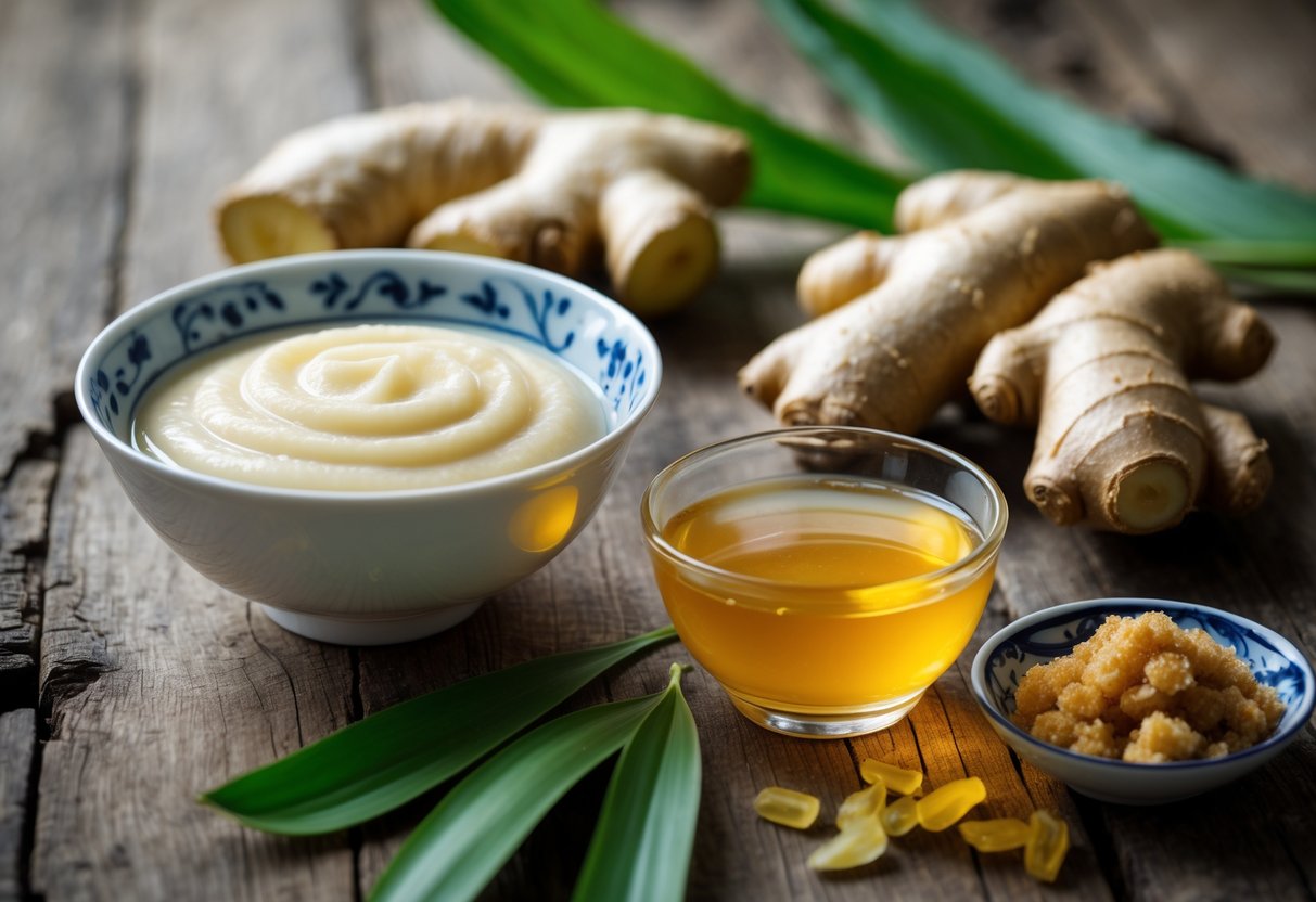 A bowl of Vietnamese tofu pudding with ginger syrup surrounded by fresh ginger root, brown sugar, and pandan leaves on a wooden table.