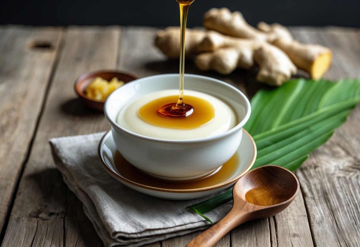 A bowl of Vietnamese tofu pudding topped with ginger syrup on a wooden surface with a spoon beside it.