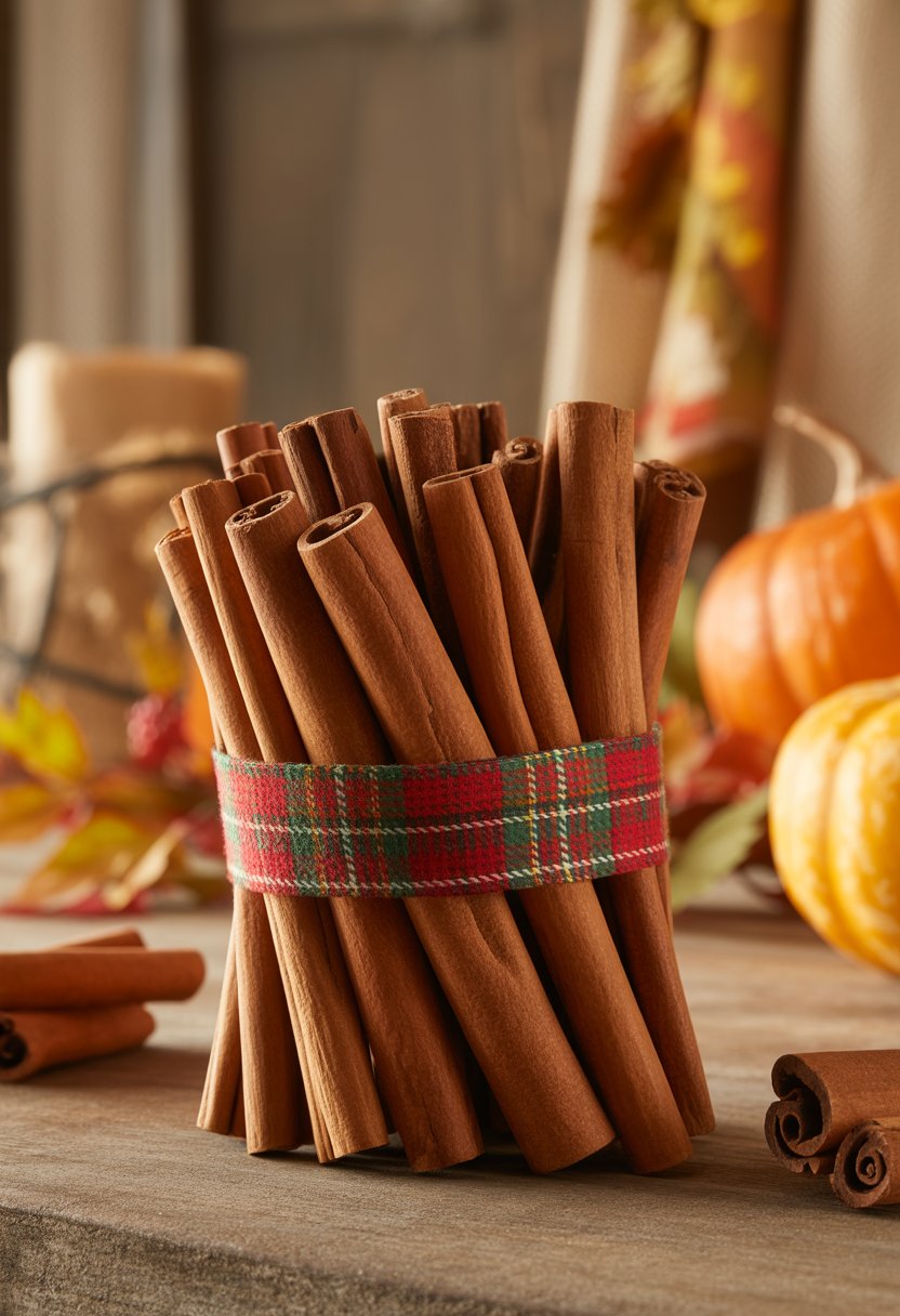 A bundle of cinnamon sticks tied with a plaid ribbon placed on a wooden surface with autumn decorations in the background.