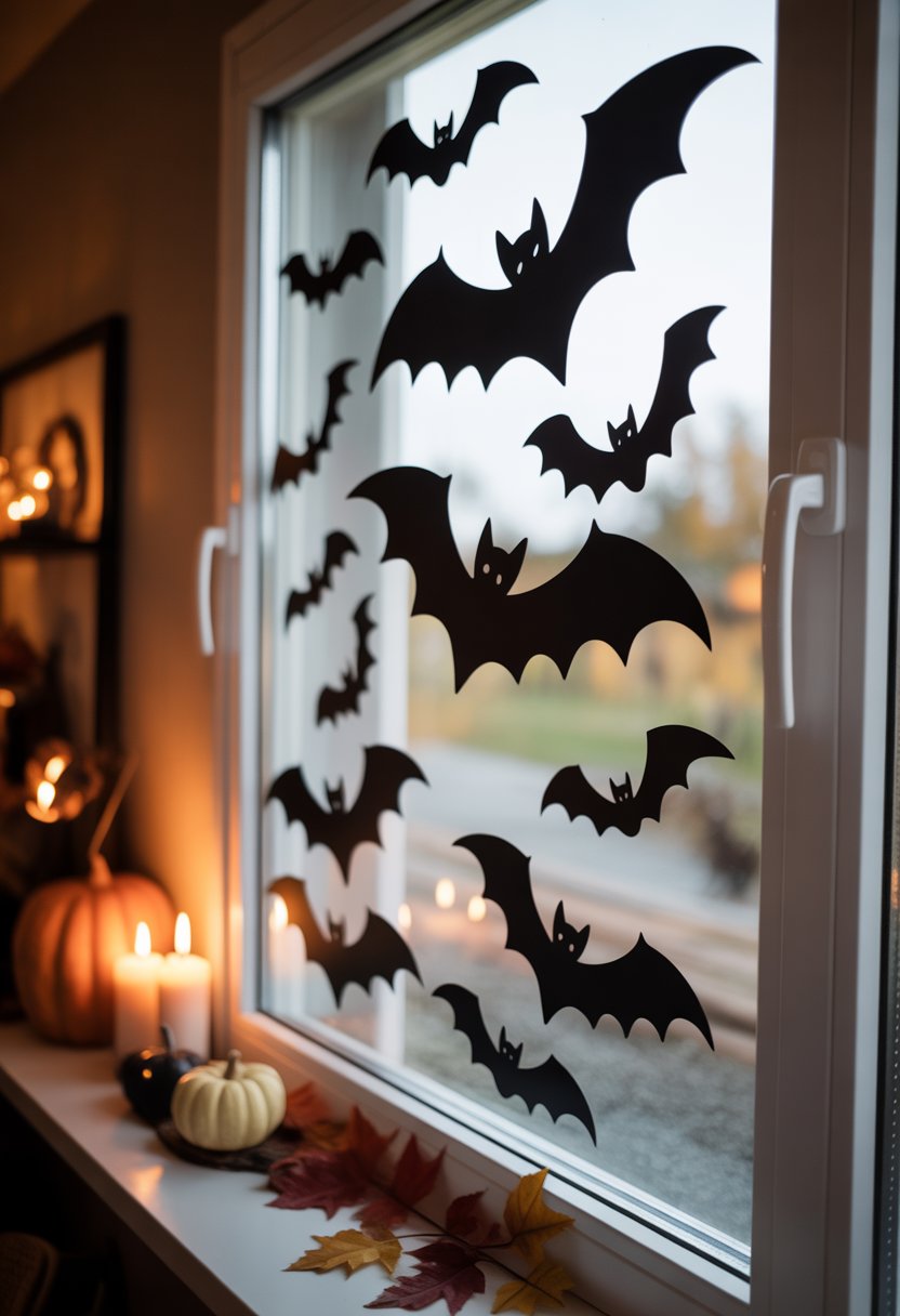 Window with black bat silhouette clings and warm Halloween decorations inside a cozy room.