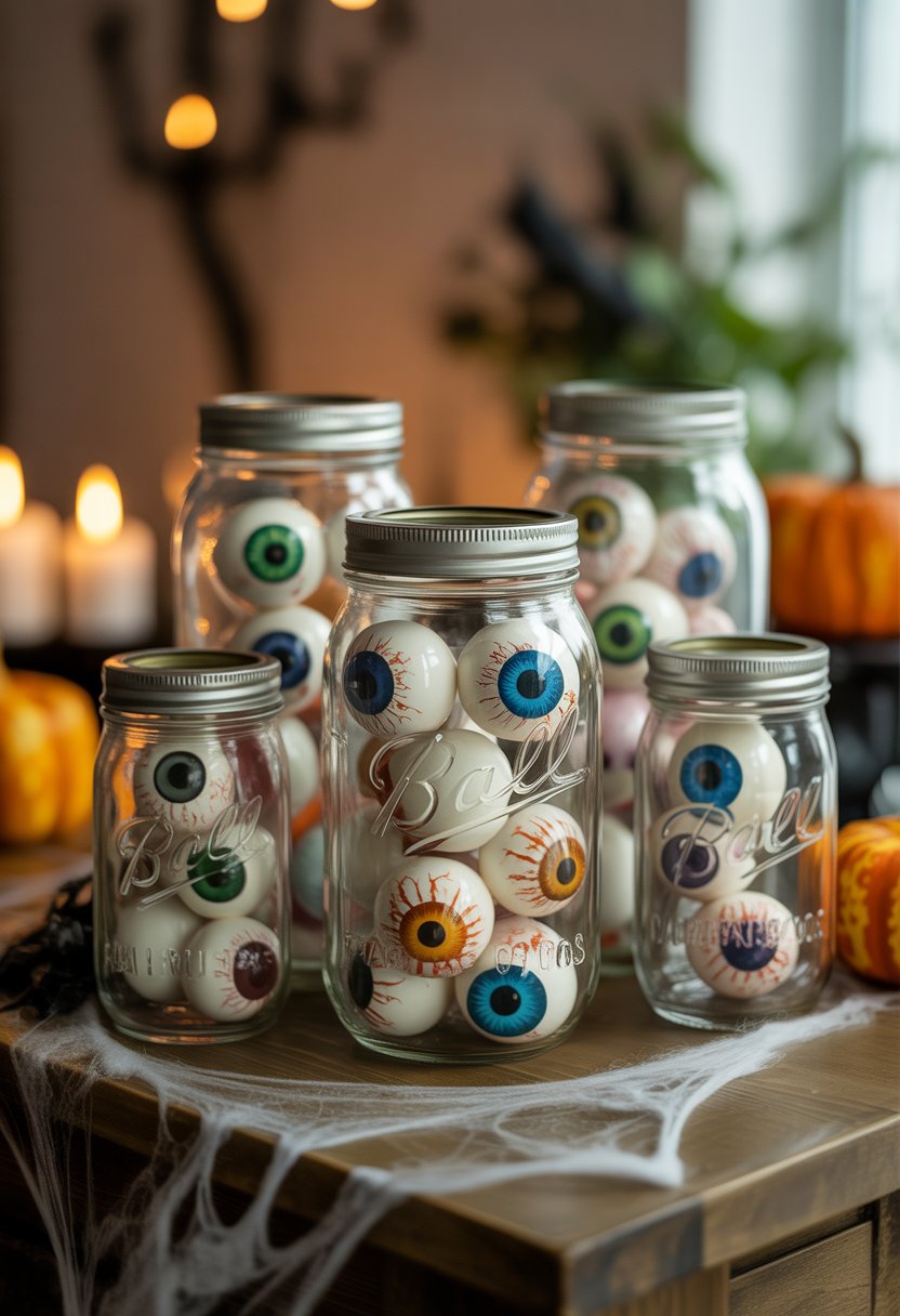 Several Mason jars filled with fake eyeballs arranged on a table with Halloween decorations indoors.