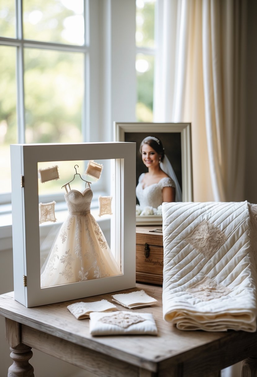 A display of wedding dress keepsakes including preserved lace in a shadow box, a framed bride photo, and a quilt made from wedding gown fabric on a wooden table.