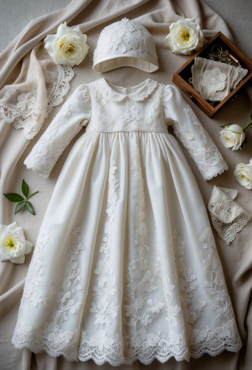 A delicate baby christening gown made from white wedding dress lace displayed with flowers and sewing keepsakes on a soft fabric background.