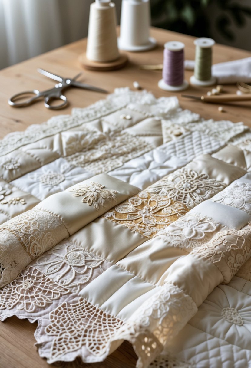 A quilt made from pieces of a wedding dress displayed on a wooden table with sewing tools nearby.