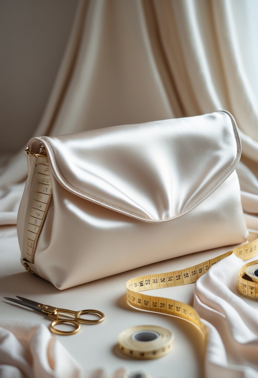 A custom clutch handbag made from satin fabric, displayed with sewing tools on a soft surface.
