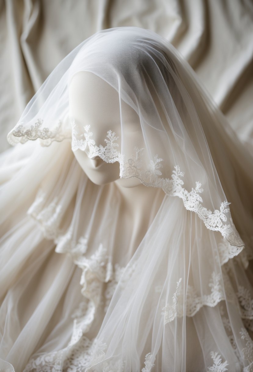 A delicate wedding veil made from original dress material displayed on a soft background.