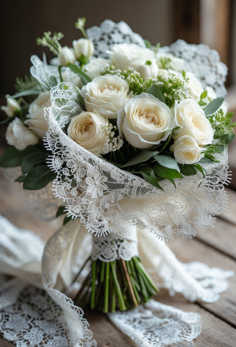 A wedding bouquet wrapped in white lace fabric resting on a wooden surface.