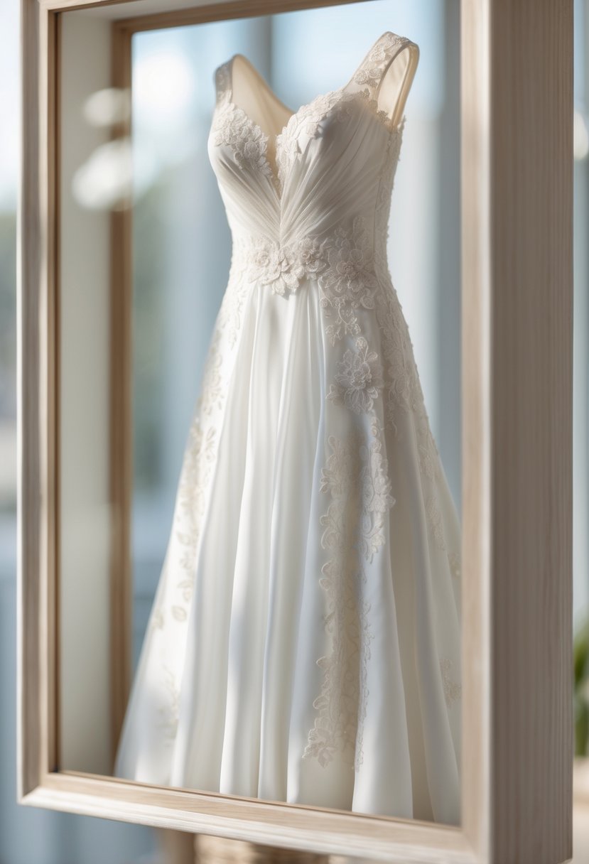 A pressed section of a white wedding dress displayed inside a shadow box frame.
