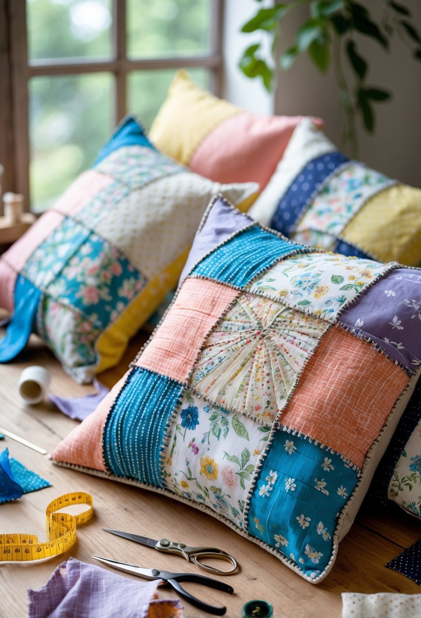 A table with colorful patchwork throw pillows made from fabric scraps and sewing tools arranged around them.