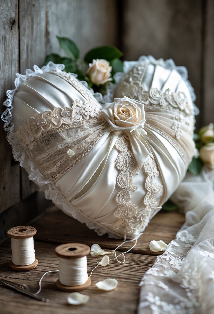 A heart-shaped pillow made from pieces of wedding dress fabric resting on a wooden surface with sewing materials and rose petals nearby.