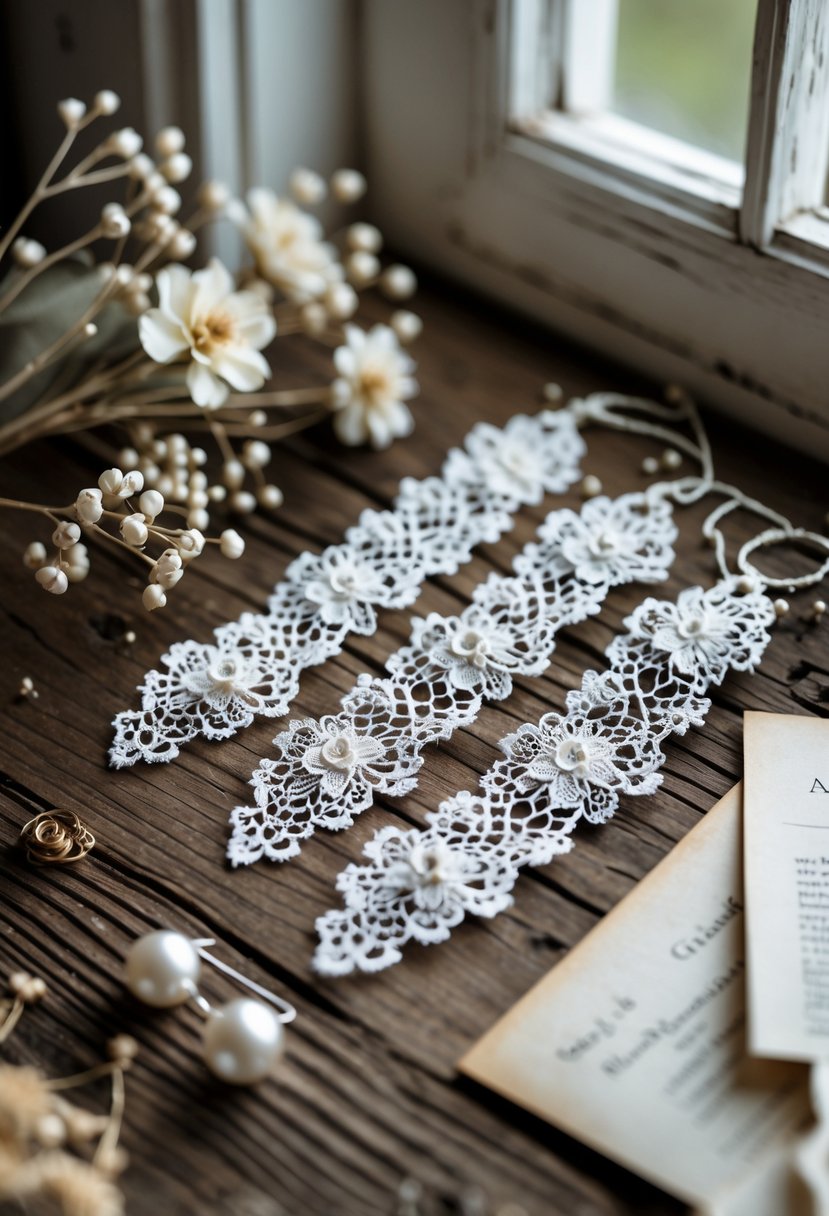 Close-up of handmade lace bookmarks made from wedding dress lace placed on a wooden table with wedding keepsake items nearby.