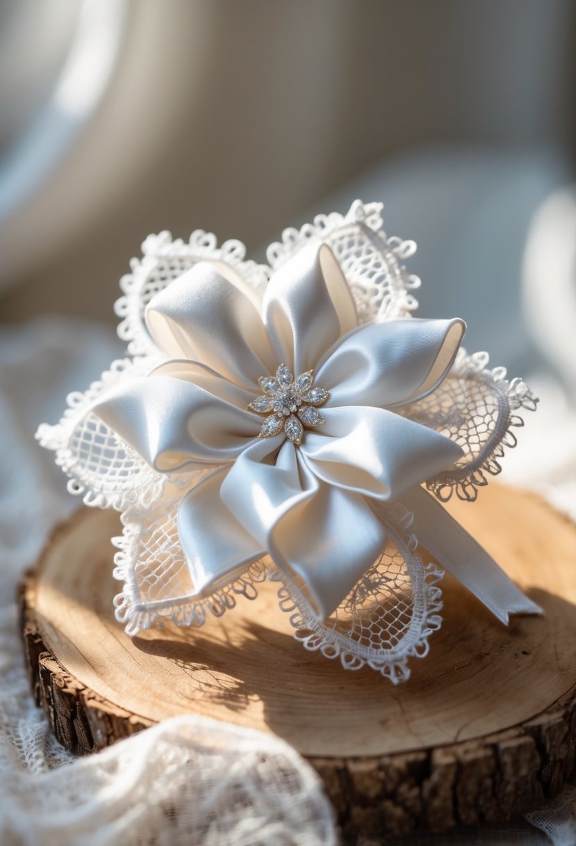 A handmade hair accessory made from wedding dress fabric shaped like a flower or bow resting on a wooden surface.