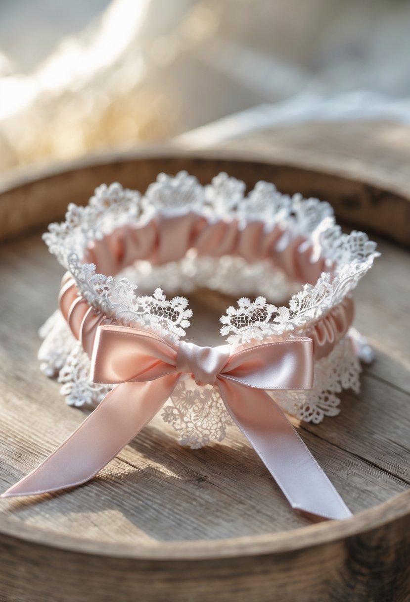A delicate wedding garter made of white lace and pink ribbon displayed on a wooden surface.