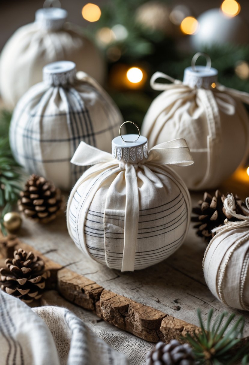 Close-up of handmade Christmas ornaments wrapped in fabric, arranged on a wooden surface with pine branches and pine cones.