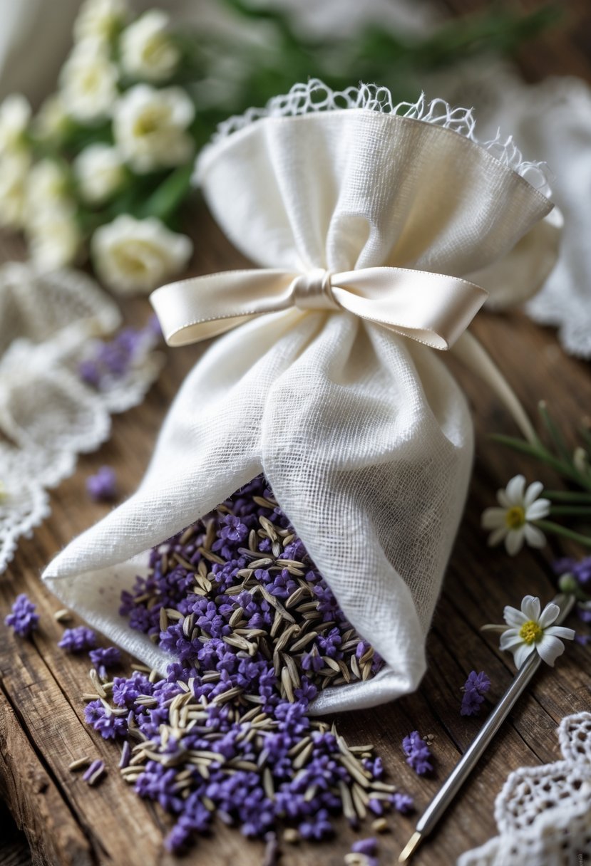 A small fabric sachet filled with dried lavender resting on a wooden surface surrounded by lace and small white flowers.