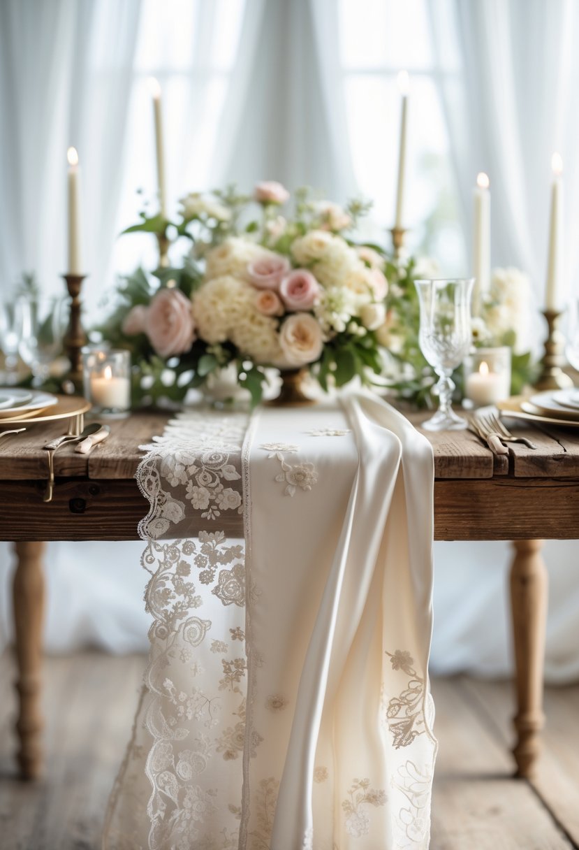 A wedding table with a fabric table runner made from wedding dress material, decorated with flowers and candles.