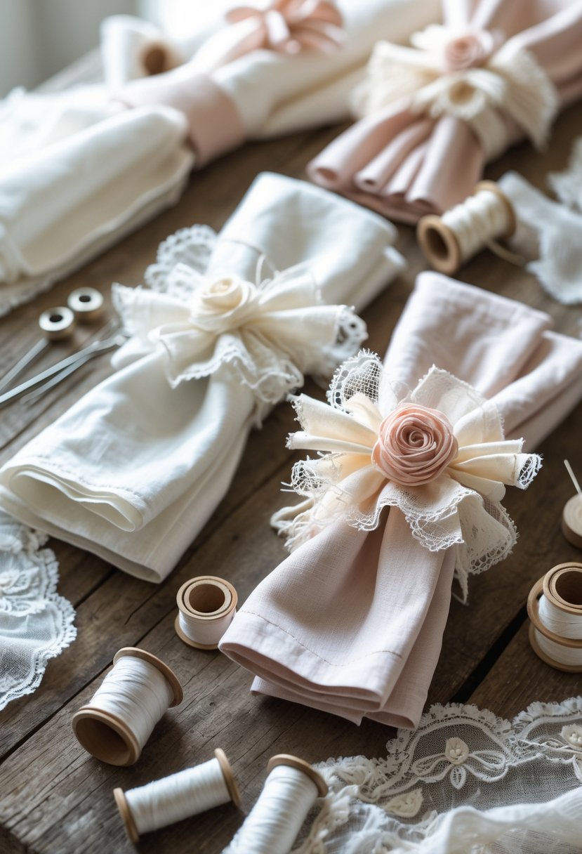 Close-up of handmade napkin rings made from fabric scraps arranged on folded napkins with sewing tools on a wooden table.
