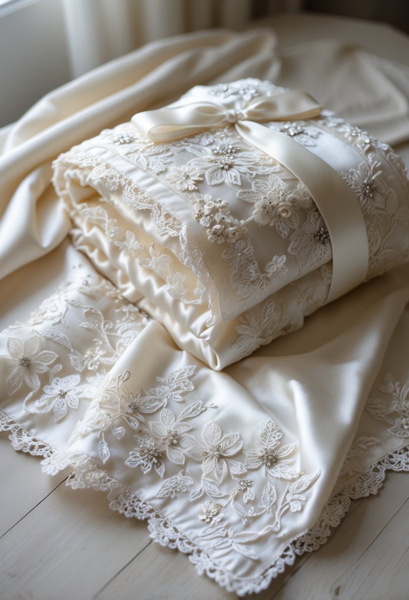 A baby blanket made from wedding dress fabric, folded on a wooden surface with soft natural light.