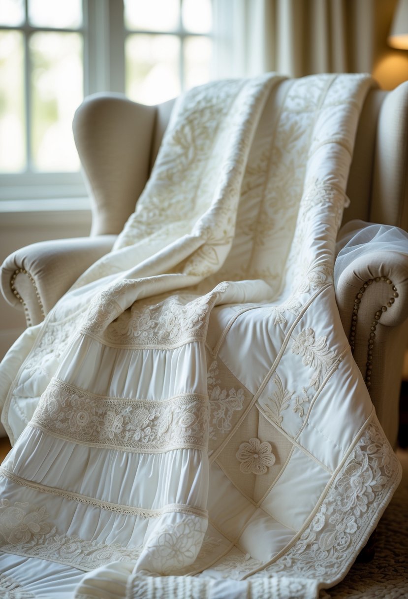 A quilt made from wedding dress fabrics draped over a chair in a softly lit room.