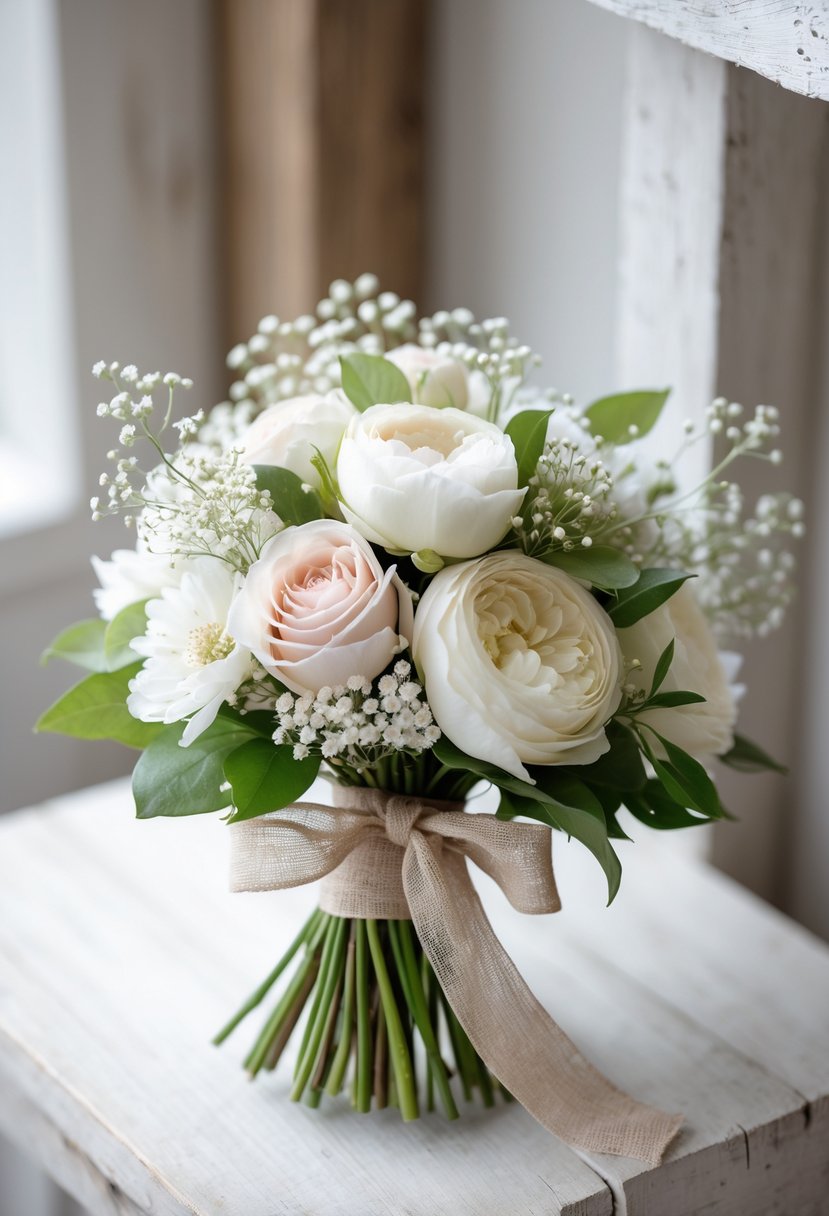 A small wedding bouquet of white and pastel flowers with green leaves resting on a wooden surface.