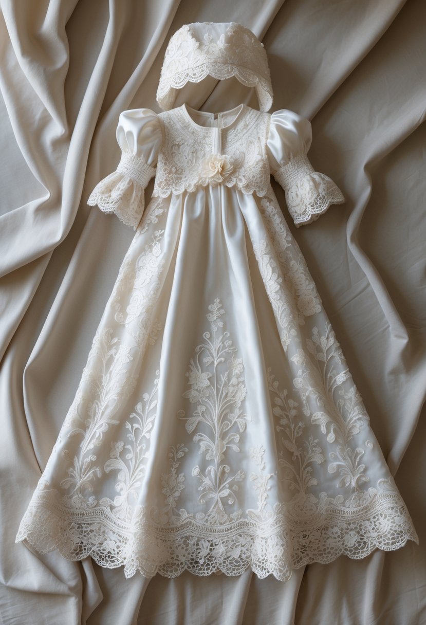 A white lace christening gown laid out on a soft neutral background, showing detailed lace patterns and embroidery.