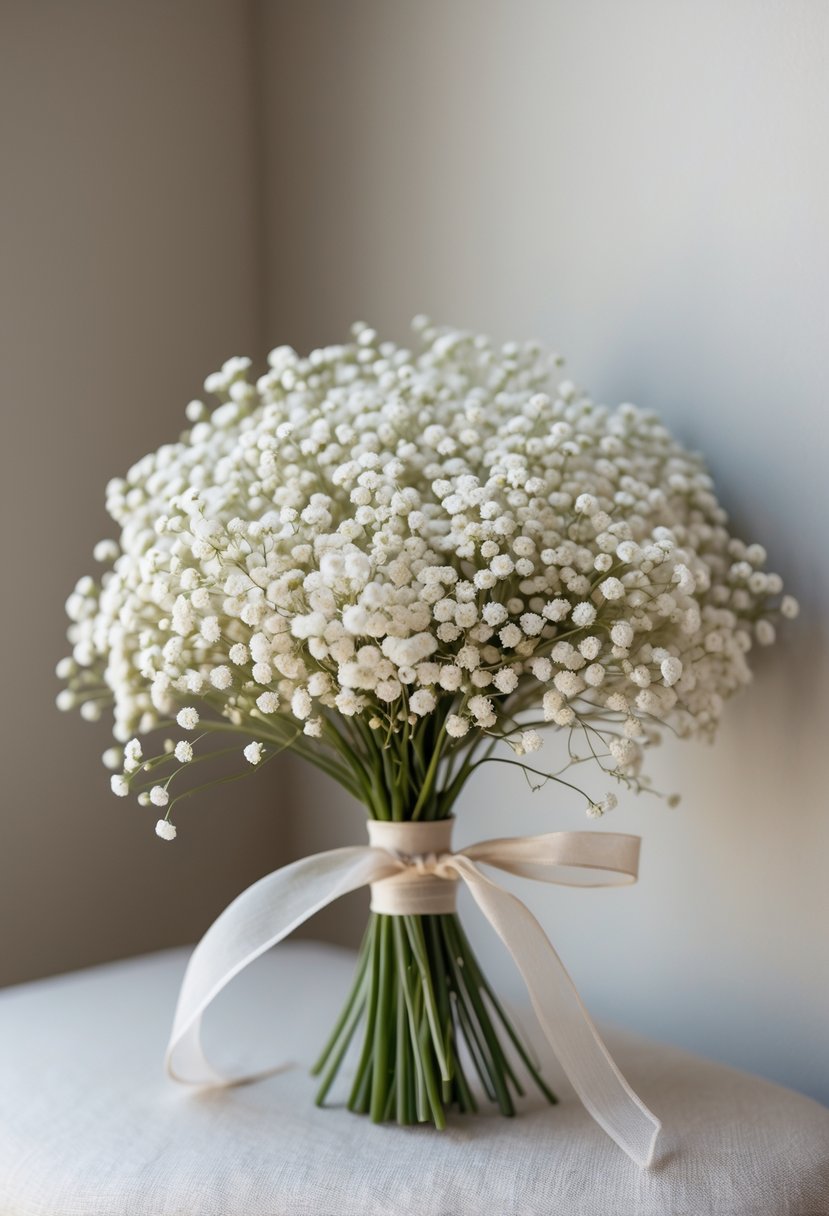A small bouquet of white baby's breath flowers tied with a light ribbon against a soft background.