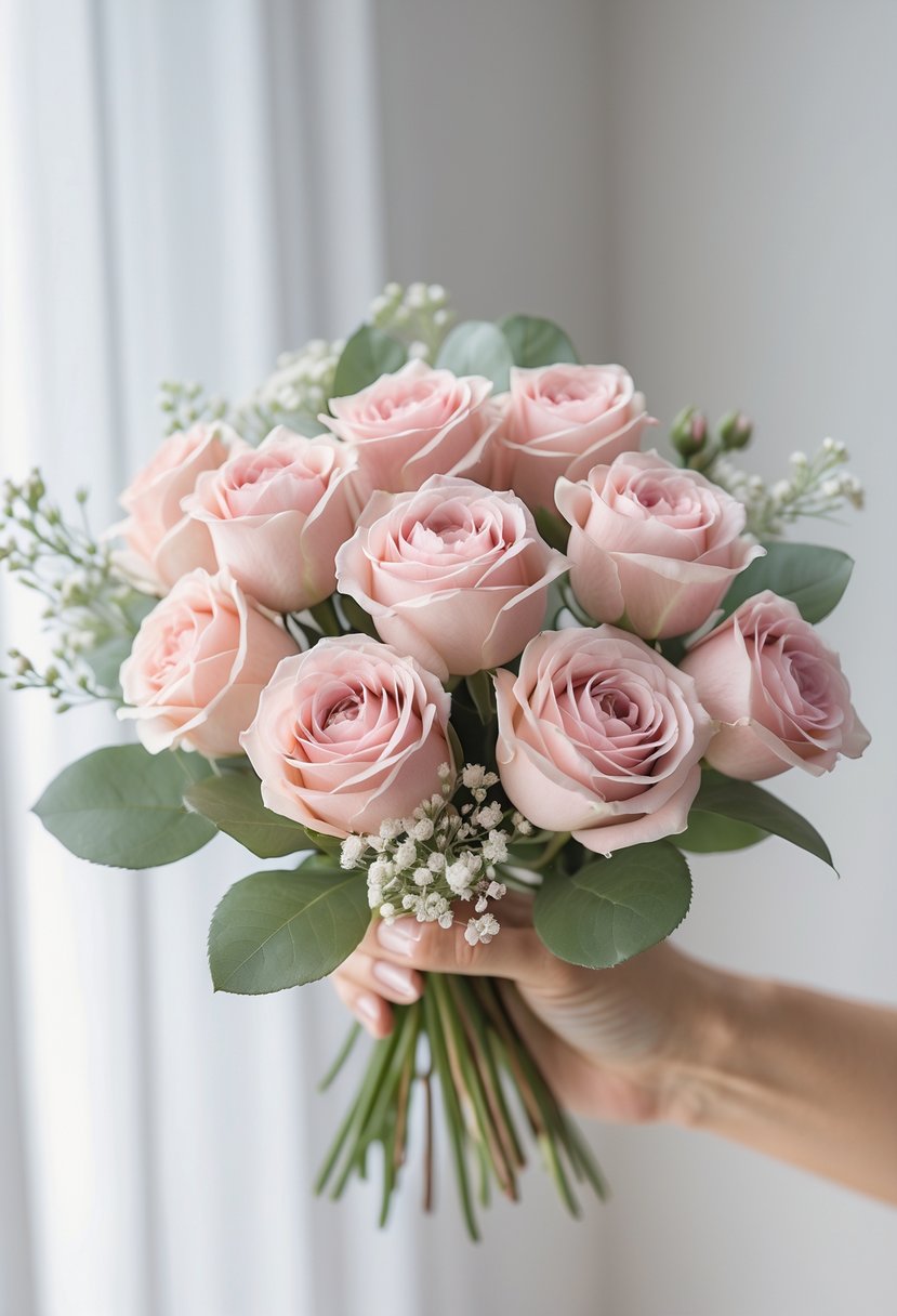 A small bouquet of blush pink roses with green leaves and white filler flowers held against a neutral background.