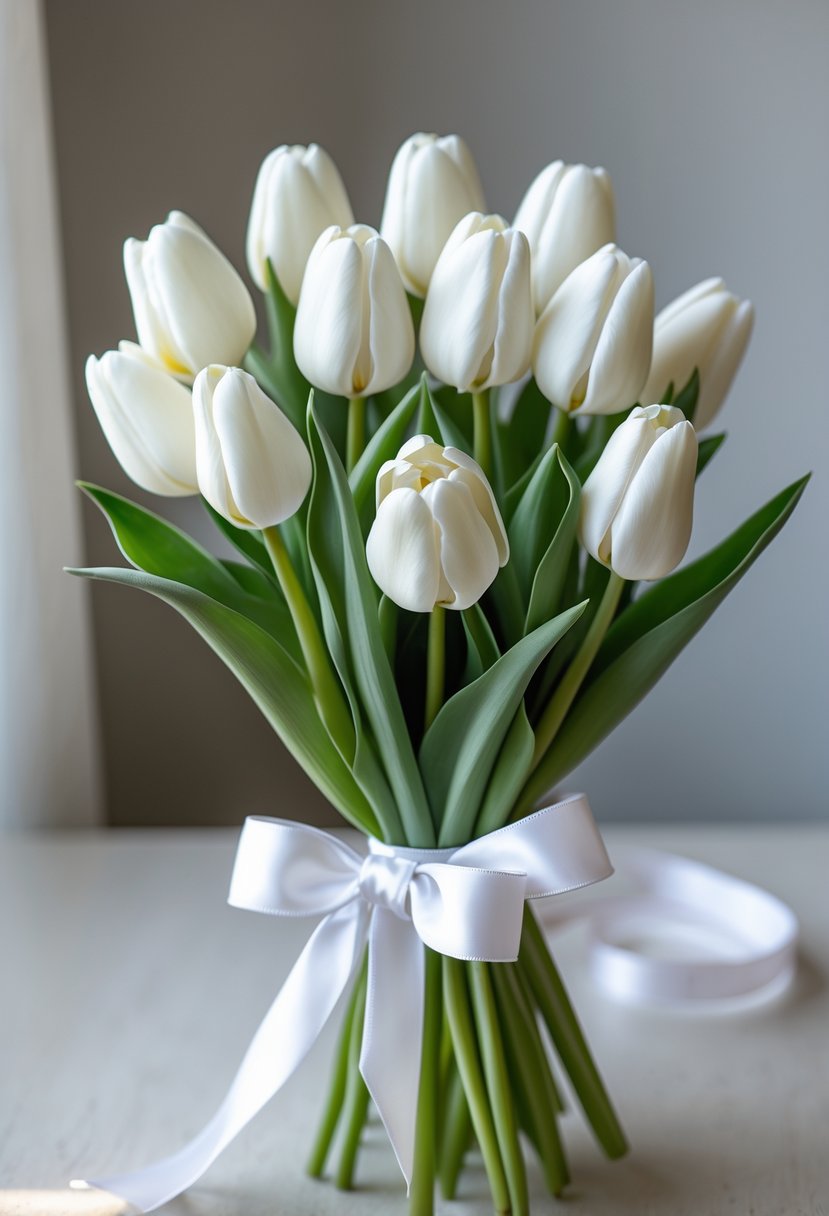 A small hand-tied bouquet of white tulips with green leaves wrapped in white ribbon.