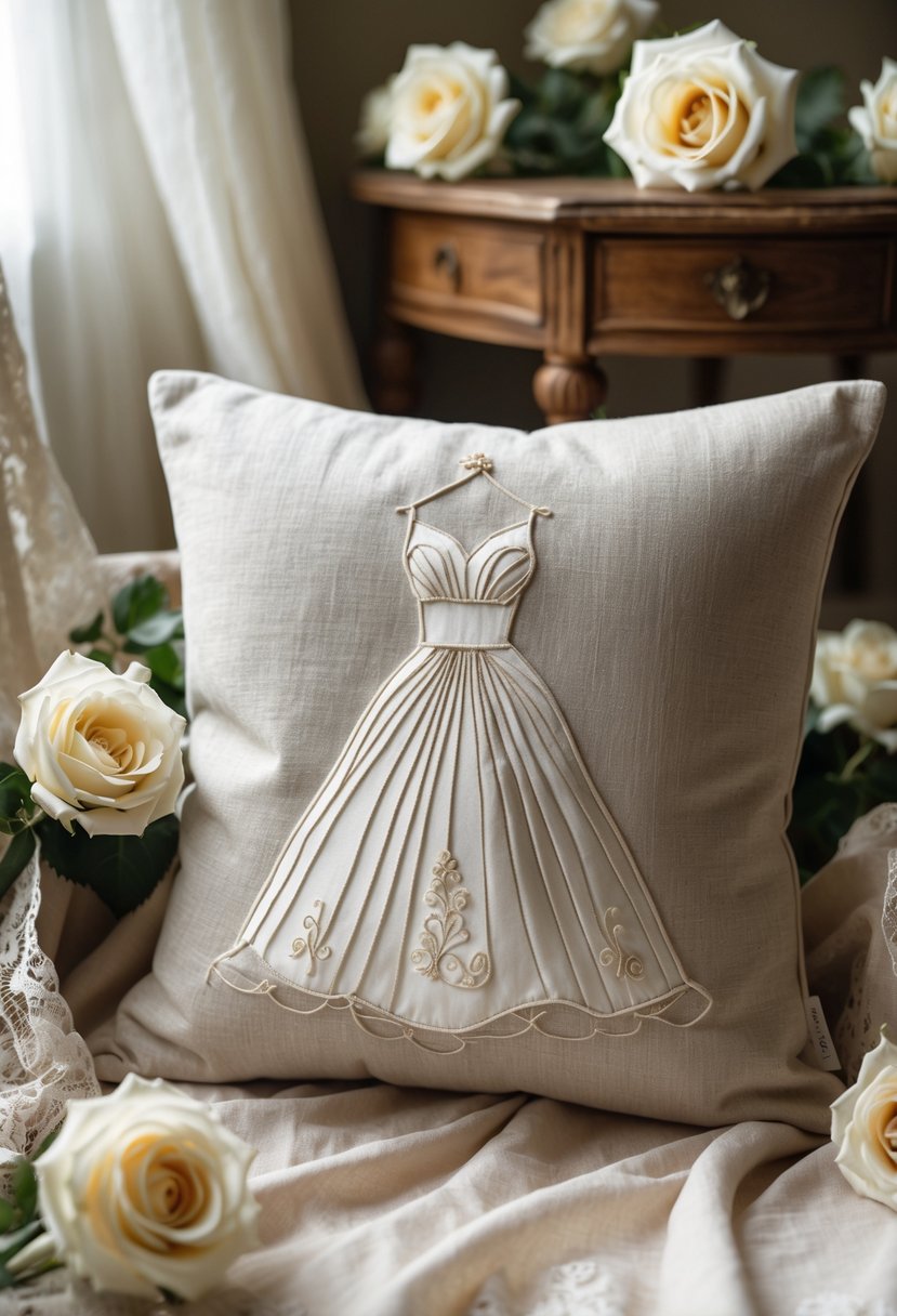 A keepsake pillow embroidered with a wedding dress design, displayed with white roses and lace on a wooden surface.