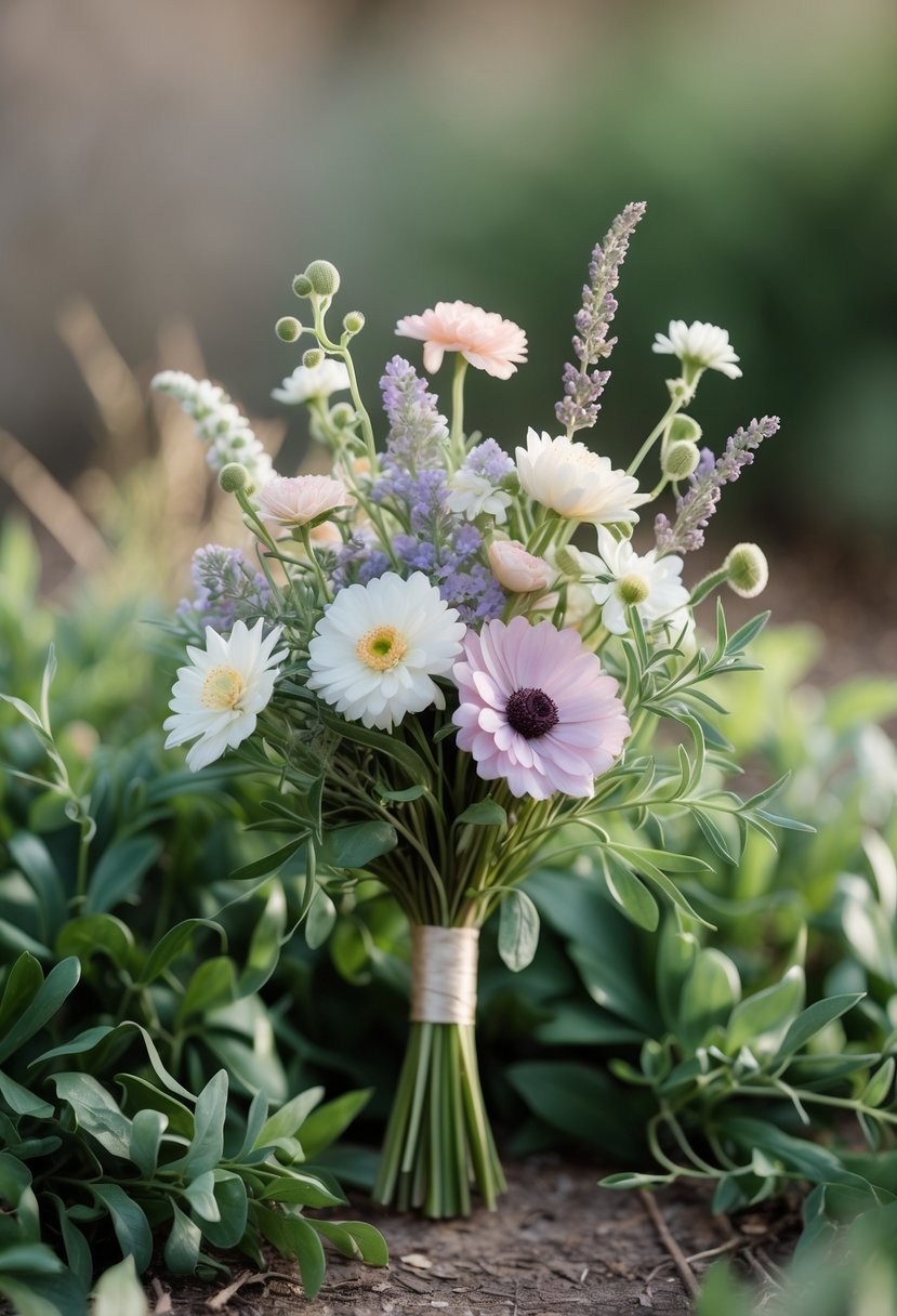A small wedding bouquet made of wildflowers and green leaves on a softly blurred background.
