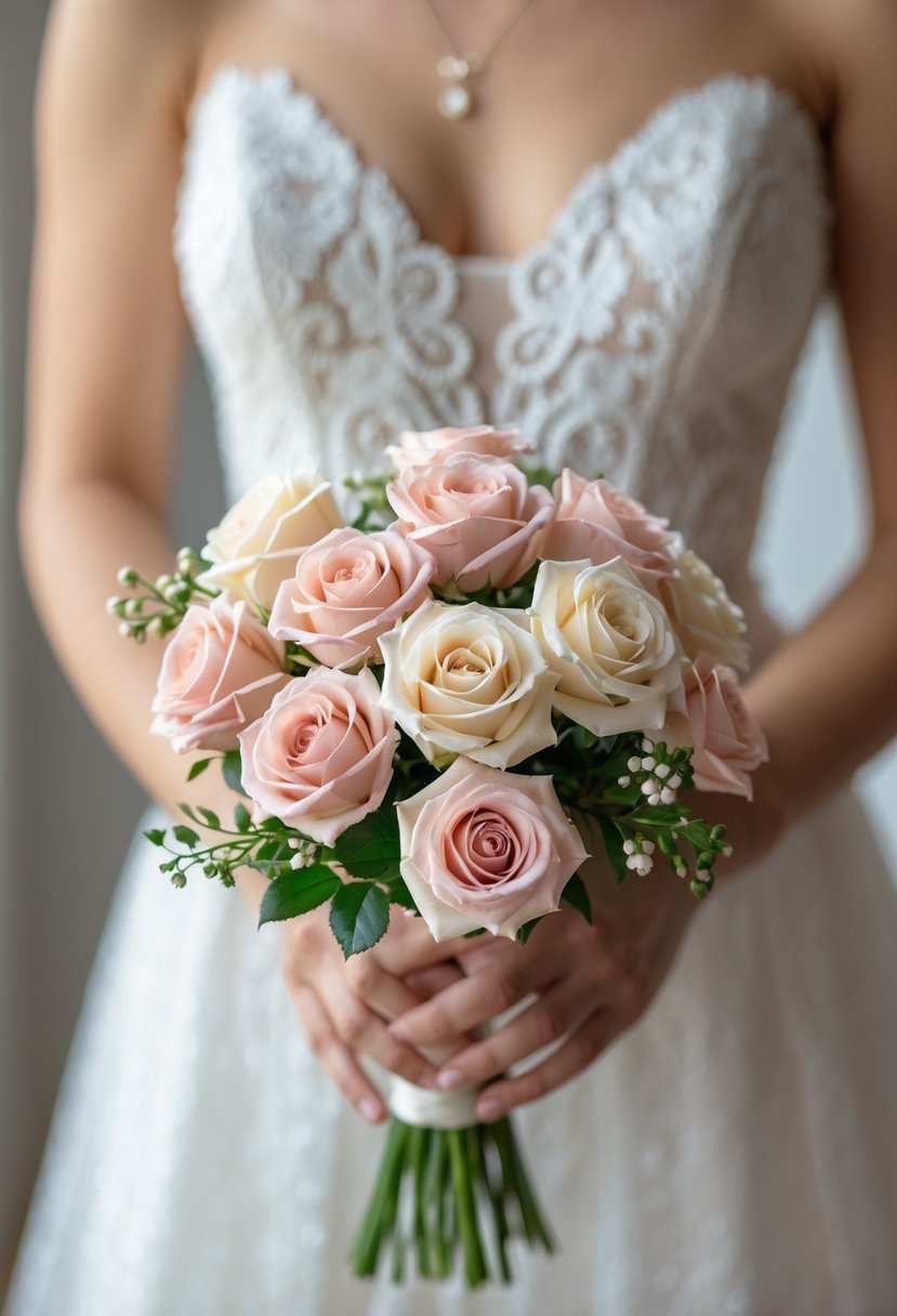 A small bouquet of miniature roses in soft pastel colors held by a bride in a white dress.